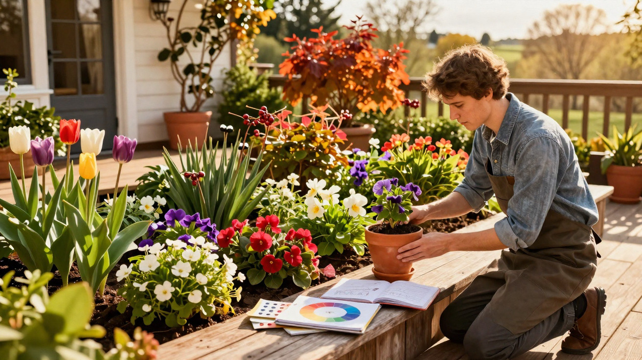 Jovem jardinheiro cuida de flores coloridas numa varanda ensolarada com livros e paleta de cores ao lado.
