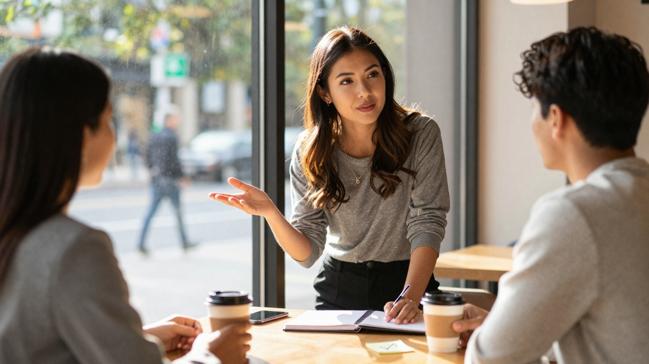 Mulher a conversar com duas pessoas numa mesa de café, com cadernos e cafés na mesa.