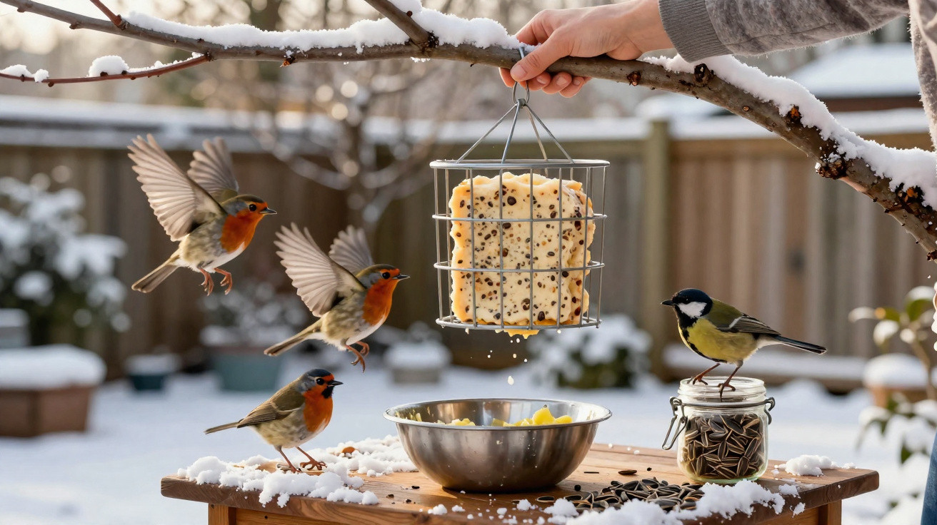Pássaros alimentando-se numa mola de gordura suspensa numa árvore coberta de neve, com mesa de madeira e jardim.