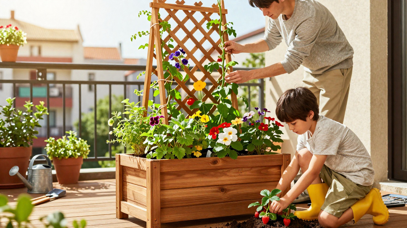Adulto e criança a cuidar de flores e morangos numa varanda ensolarada com vasos e utensílios de jardim.
