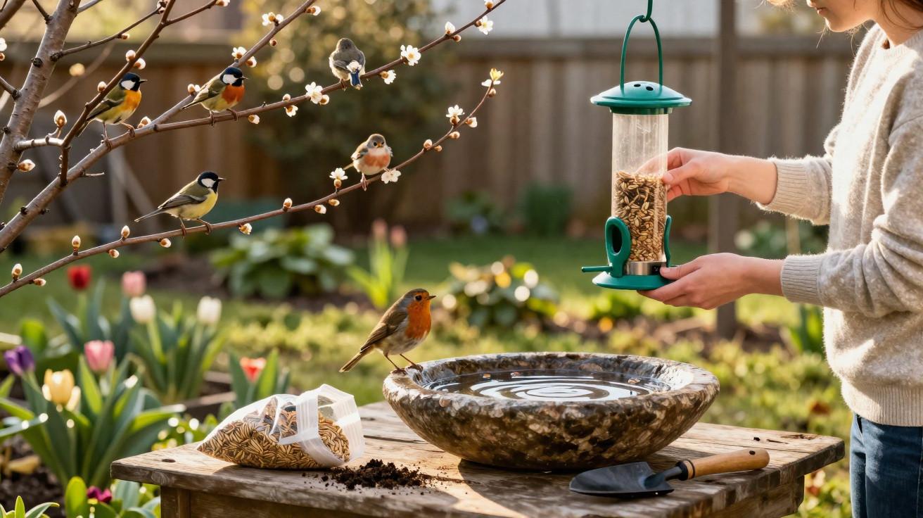 Pessoa a colocar comida num comedouro para pássaros numa mesa de jardim com várias aves pequenas à volta.