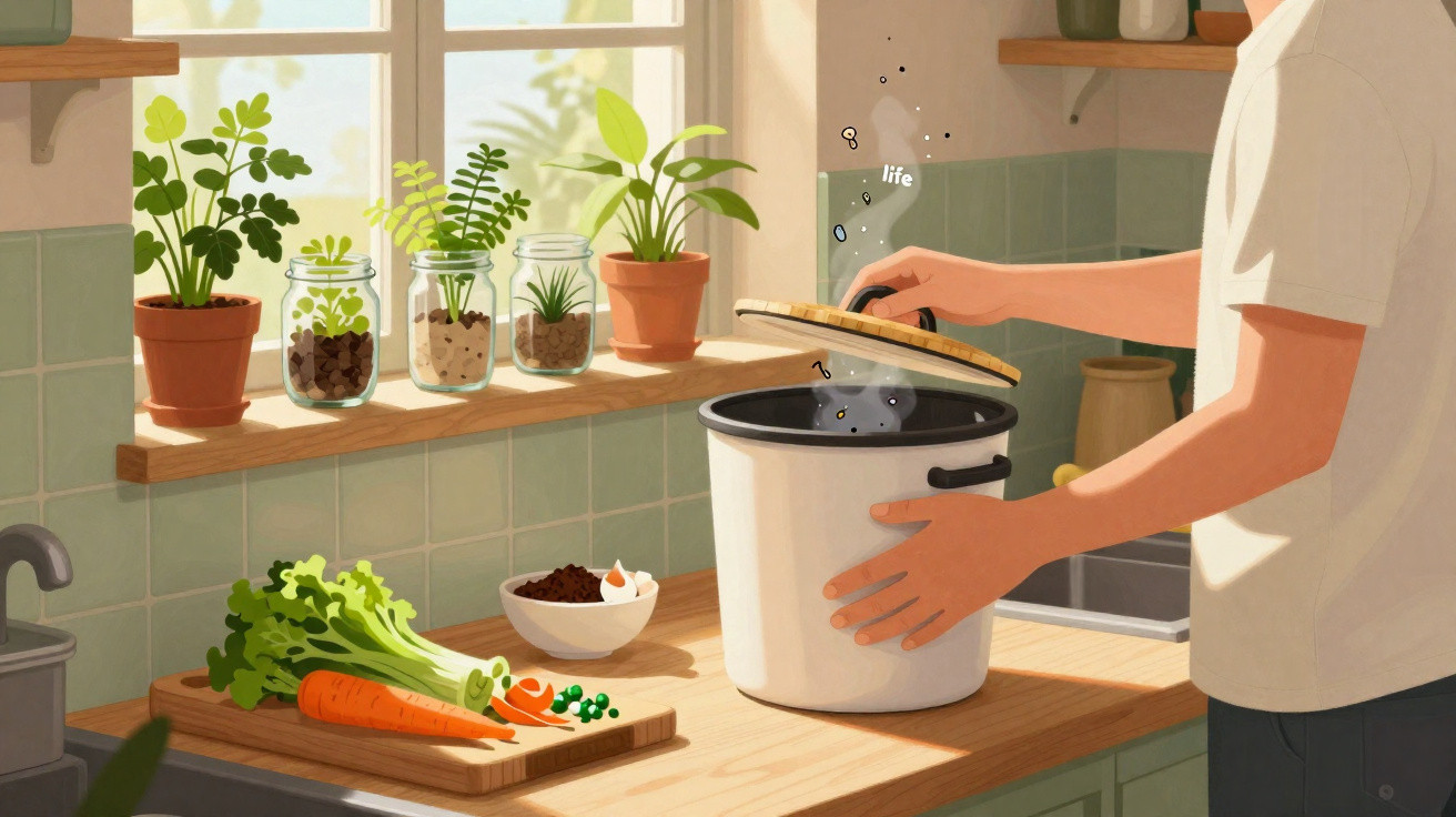 Pessoa a abrir tampa de panela grande na cozinha com legumes e plantas na janela ao fundo.