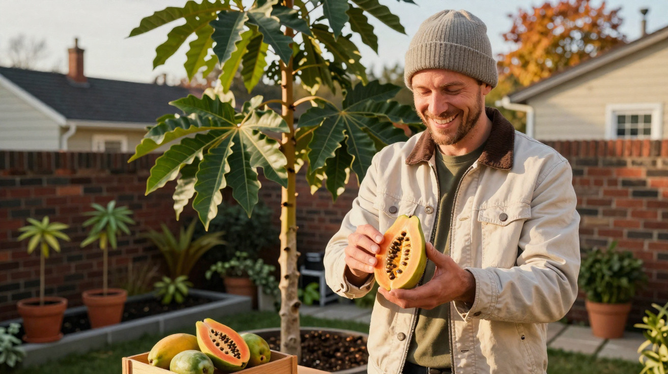 Homem sorridente com gorro e casaco segura papaia cortada no jardim com várias plantas e fruta.