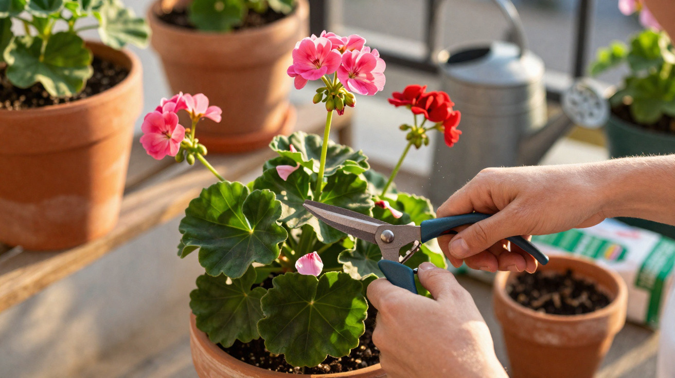 Mãos a podar flores cor-de-rosa e vermelhas em vaso de barro numa varanda ensolarada.