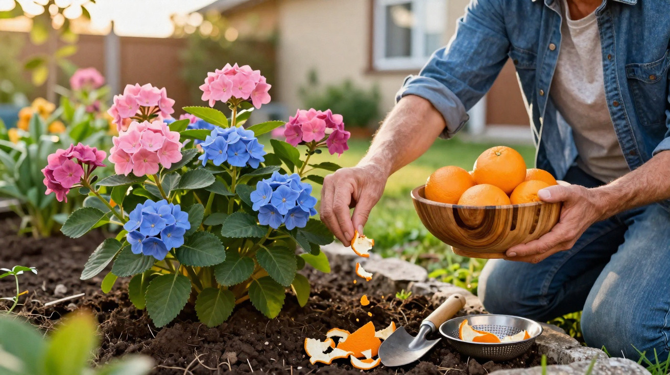 Pessoa a usar casca de laranja para adubar flores cor-de-rosa e azuis num jardim exterior.