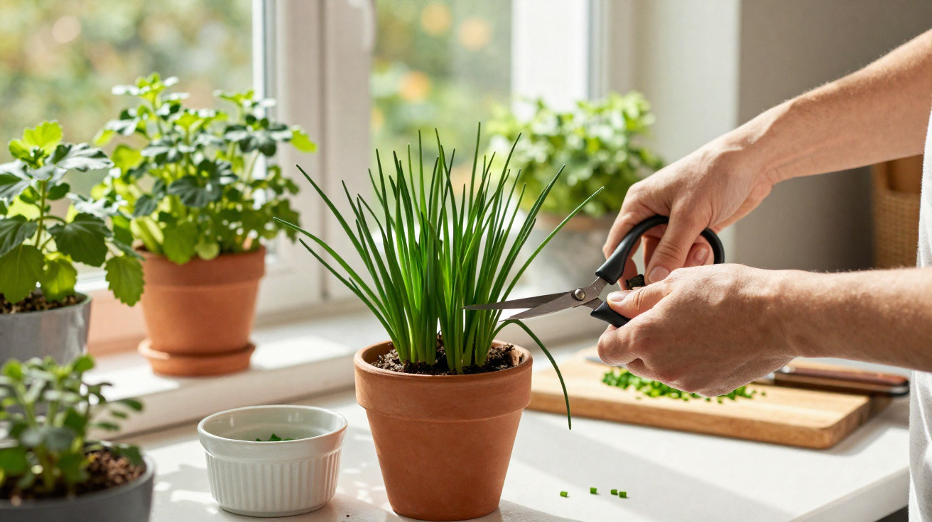 Pessoa a cortar ervas aromáticas num vaso de barro junto a uma janela com outras plantas na cozinha.