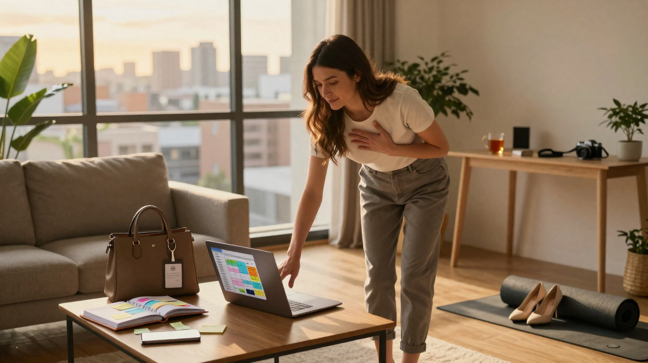 Mulher em sala de estar vê laptop na mesa, rodeada de livros, bolsa, tapete de yoga e sapatos de salto.