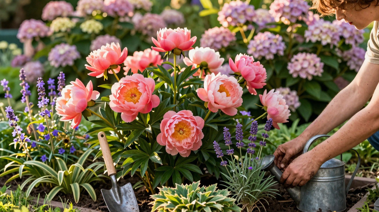 Mãos a regar flores cor-de-rosa e roxas num jardim com uma pá de apanhar terra ao lado.