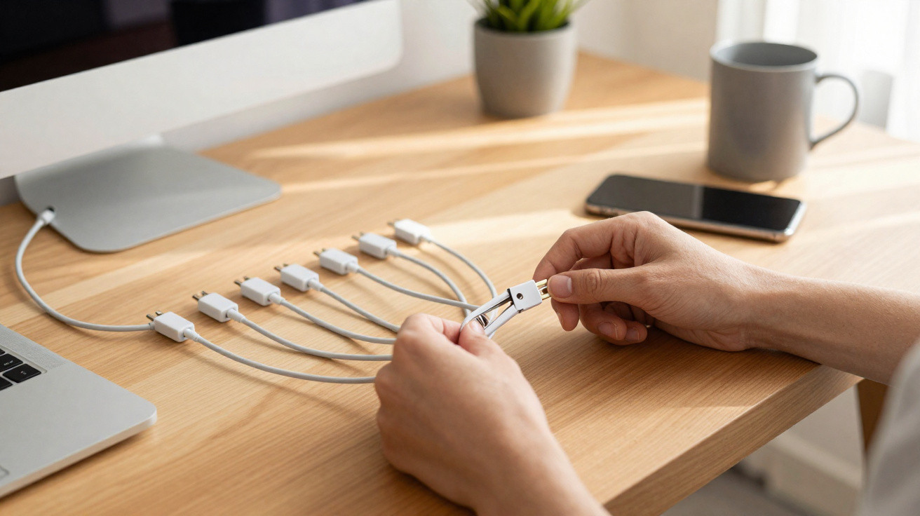 Pessoa a segurar um cabo USB com múltiplas conexões ligadas a um computador num ambiente de escritório.