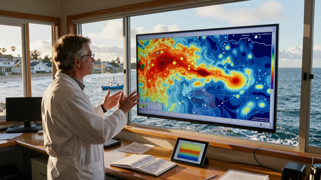 Homem em laboratório perto do mar analisa mapa colorido com dados científicos no ecrã grande.