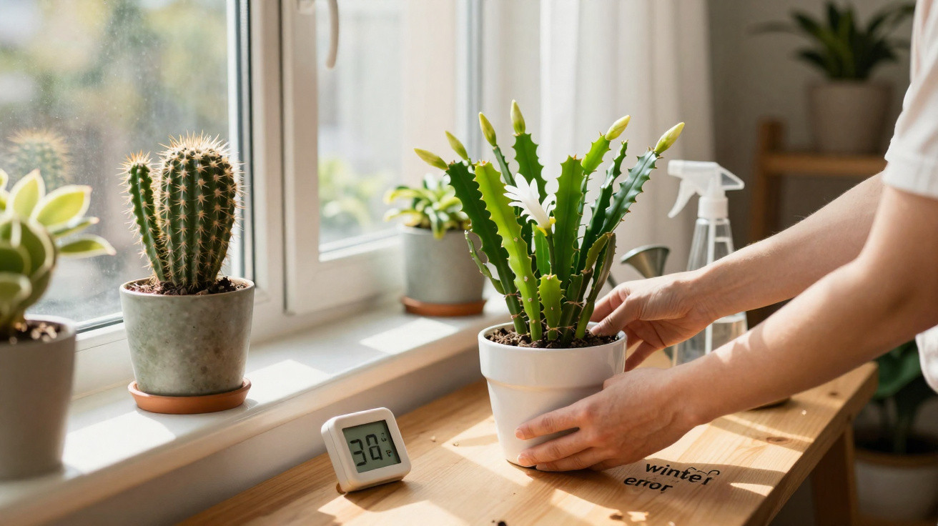 Pessoa a cuidar de cacto numa planta em vaso branco junto a janela com luz natural e várias plantas no parapeito.