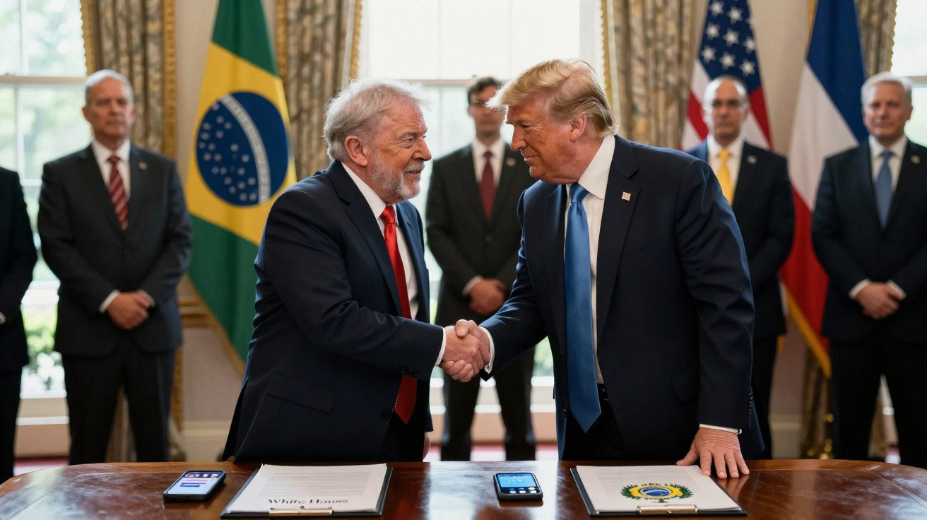 Dois políticos dão-se a mão em aperto de mão formal em frente a bandeiras do Brasil e dos Estados Unidos.