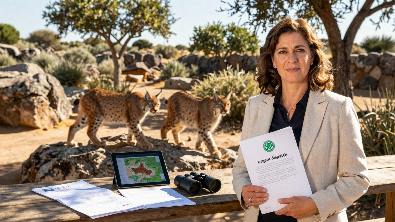 Mulher em ambiente ao ar livre segura documento com lince-ibérico atrás, mesa com tablet, binóculos e papéis.