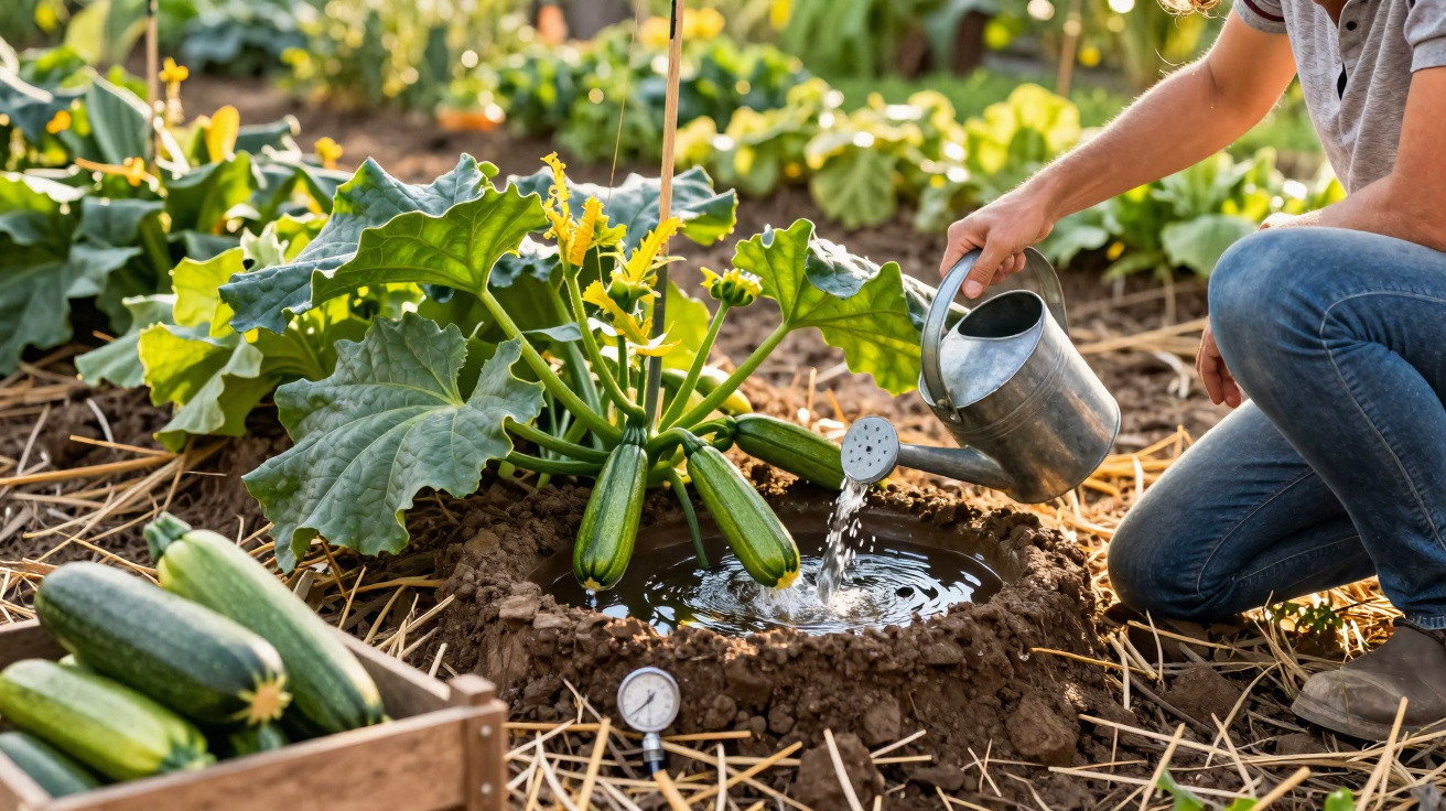Pessoa a regar planta de curgete num jardim com regador metálico, ao lado de uma caixa com curgetes colhidas.