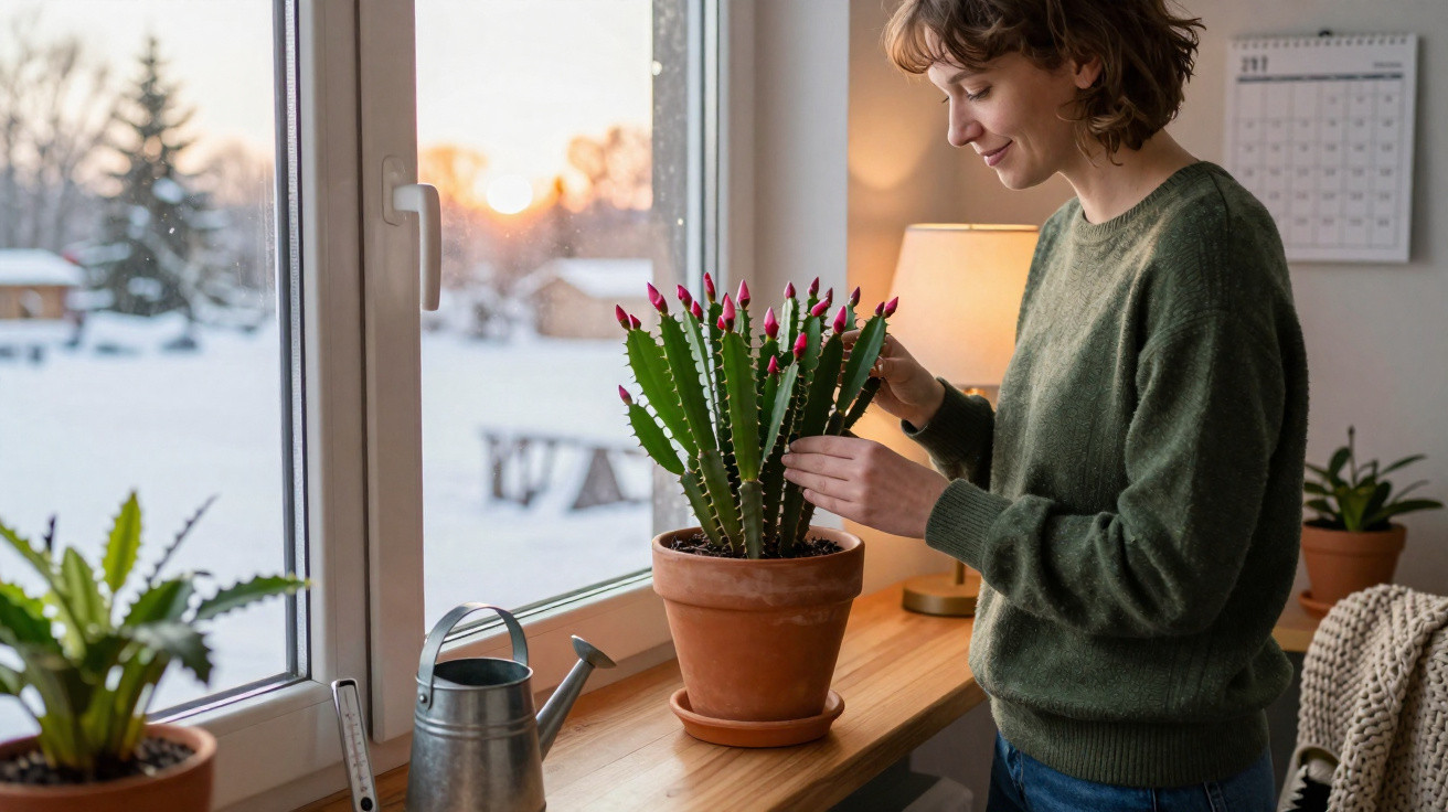 Mulher a cuidar de planta com botões vermelhos junto a janela com vista para neve ao pôr do sol.