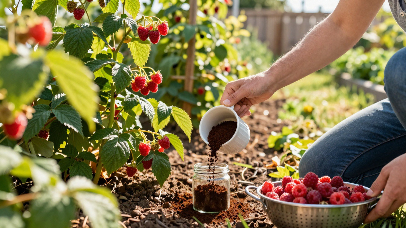 Pessoa a deitar borra de café num frasco, junto a plantas de framboesas com frutos maduros vermelhos.