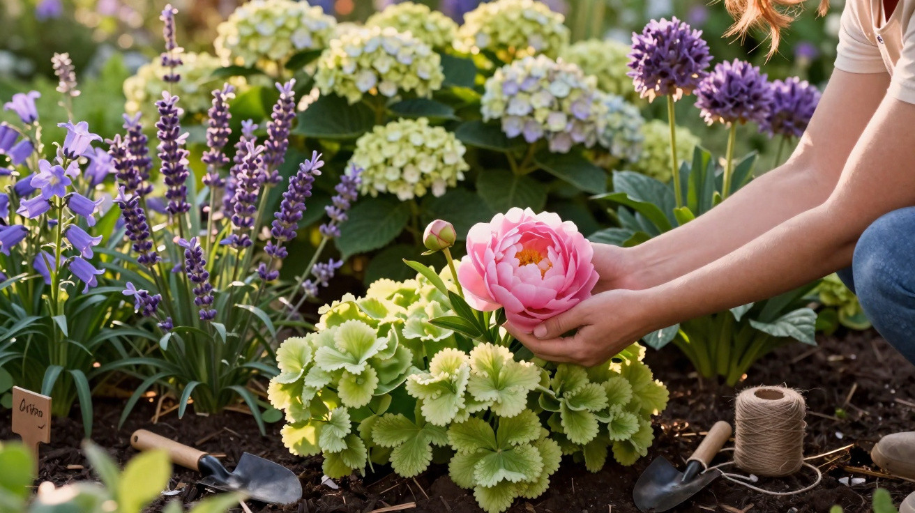 Pessoa a cuidar de um jardim florido, segurando uma flor rosa em destaque com plantas e ferramentas ao redor.