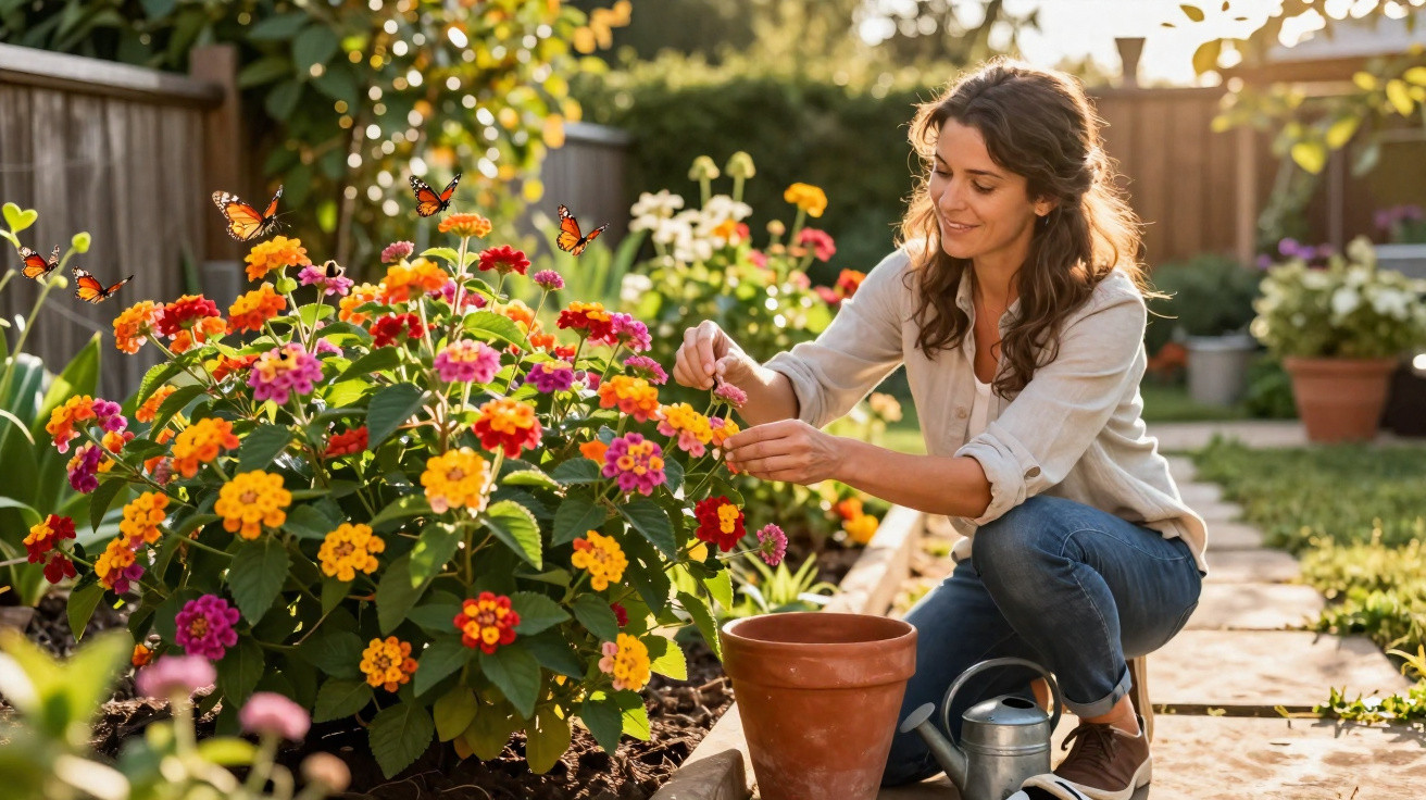 Mulher a cuidar de flores coloridas num jardim ao entardecer, com borboletas a voar à volta.