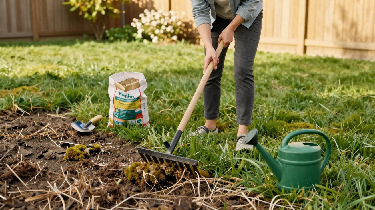 Pessoa a tratar do jardim com rastelo, regador e saco de fertilizante num relvado verde.