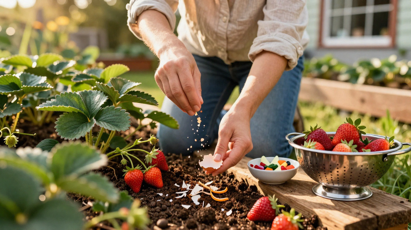 Pessoa a fertilizar plantas de morango com cascas de ovo num jardim ao ar livre durante o dia.