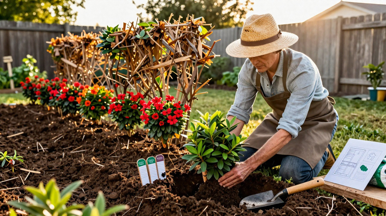 Pessoa de chapéu a plantar arbusto verde num jardim com flores vermelhas e ferramenta ao lado.