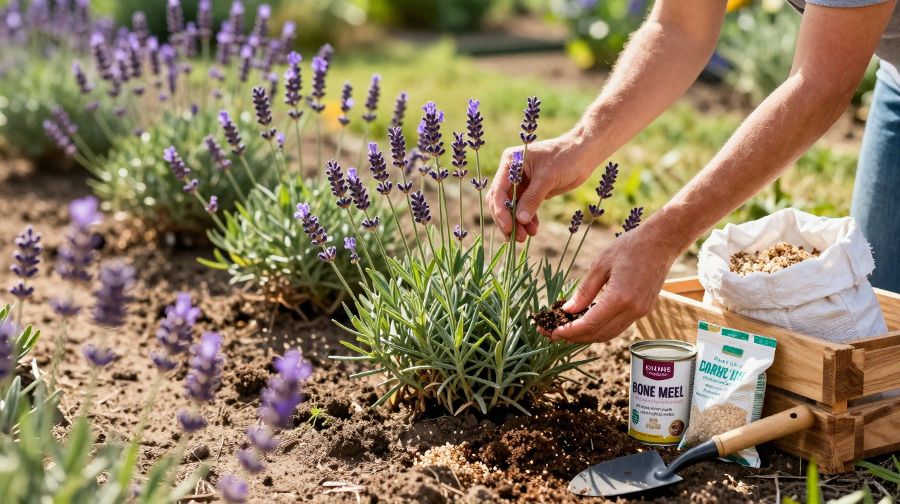 Mãos de uma pessoa a cuidar de plantas de lavanda, com ferramentas e fertilizantes ao lado no jardim.