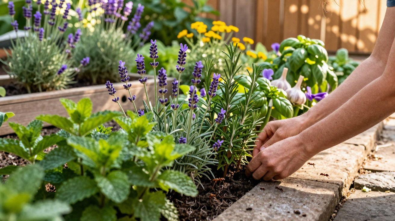 Pessoa a cuidar de plantas aromáticas num jardim com lavanda, manjericão e outras ervas.