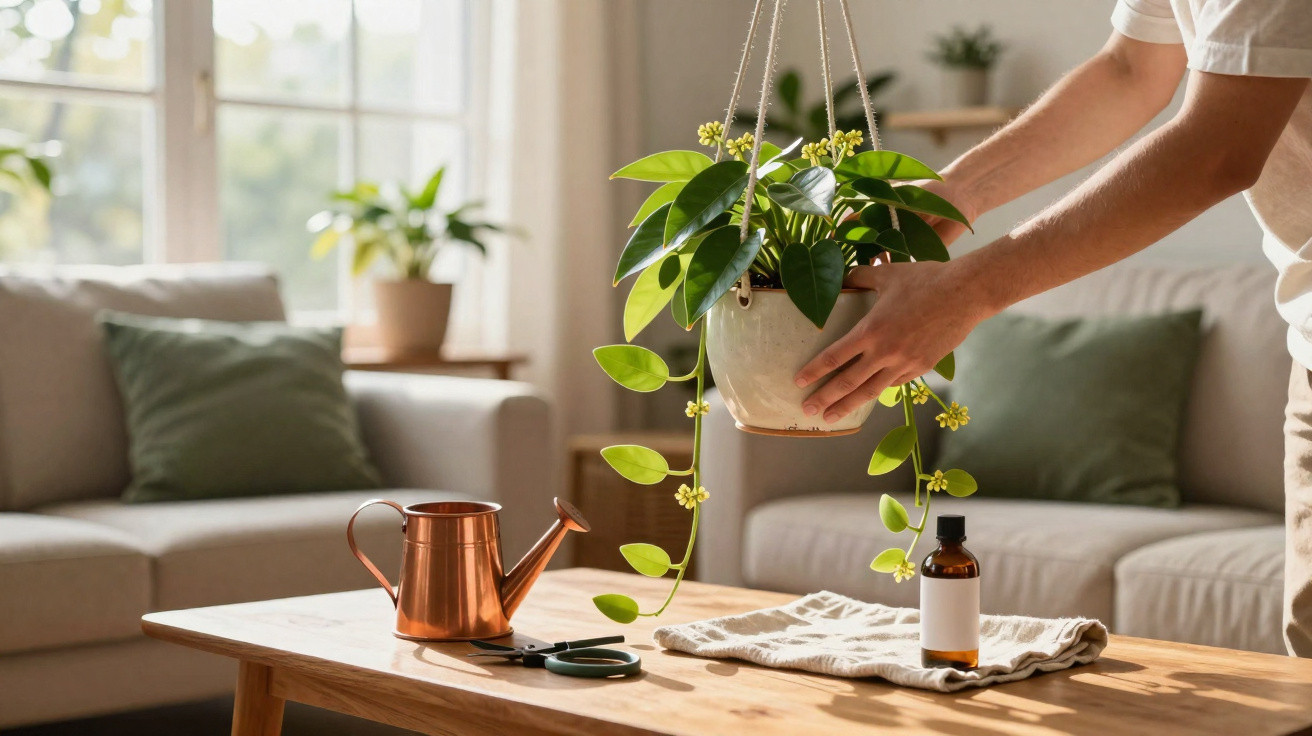 Pessoa a cuidar de planta pendurada com regador, tesoura e óleo numa mesa de madeira numa sala iluminada.