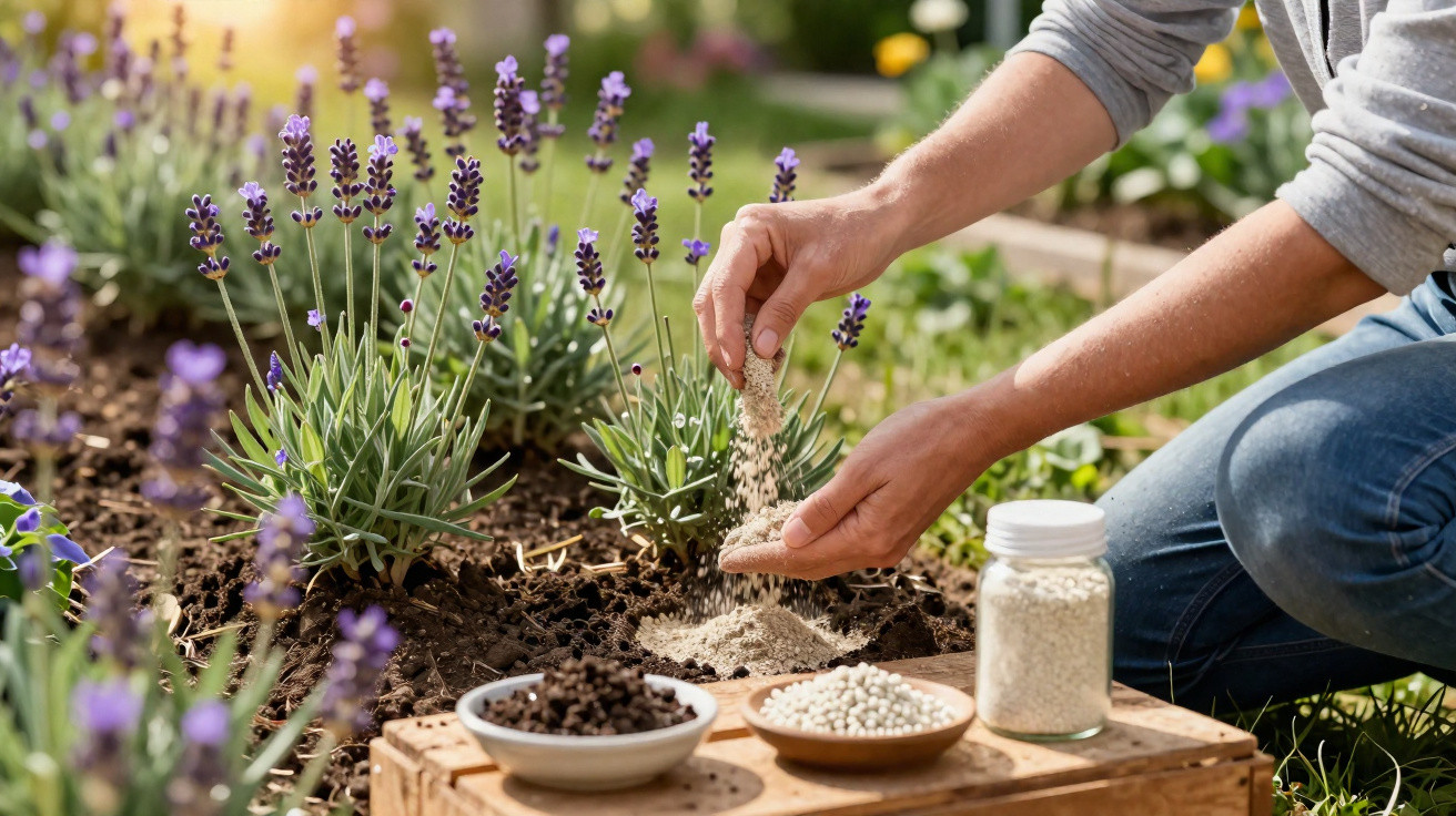 Pessoa a aplicar fertilizante em plantas de lavanda num jardim ensolarado.