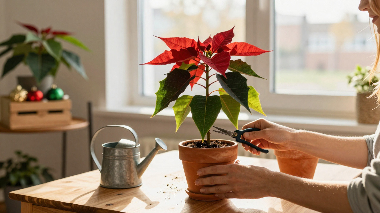 Pessoa a podar uma flor de Natal vermelha numa jarra de barro sobre uma mesa de madeira junto a uma janela.