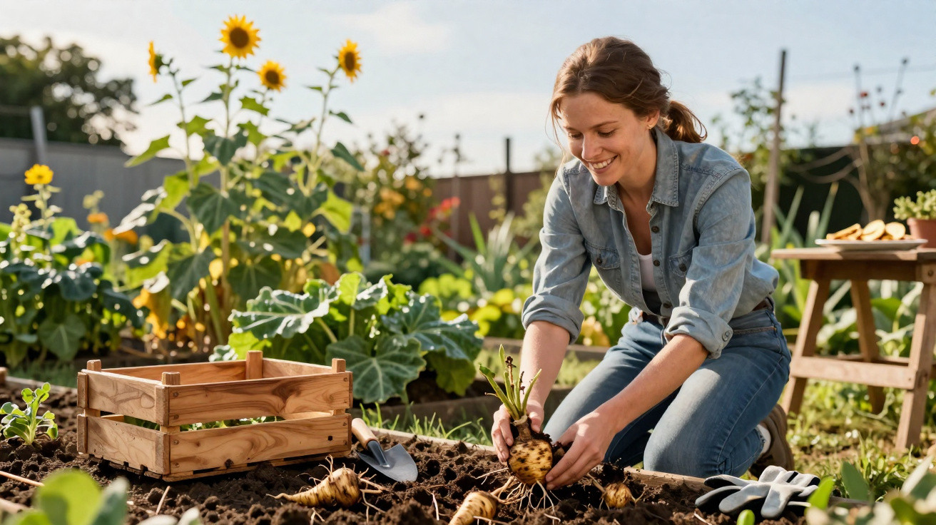 Mulher a colher raízes de plantas num jardim com flores e vegetação ao redor, sorridente e de joelhos.