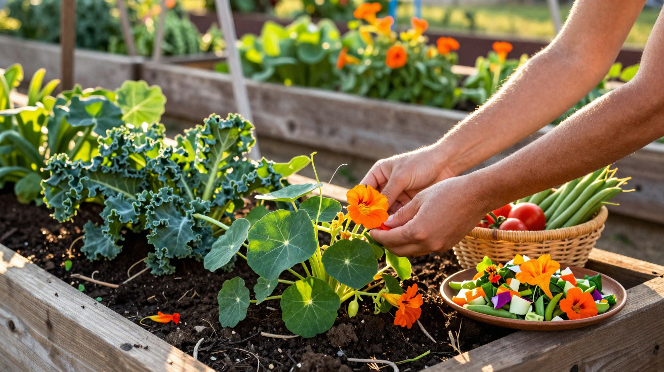 Mãos a colher flores comestíveis numa horta, com legumes frescos e salada colorida numa mesa de madeira.