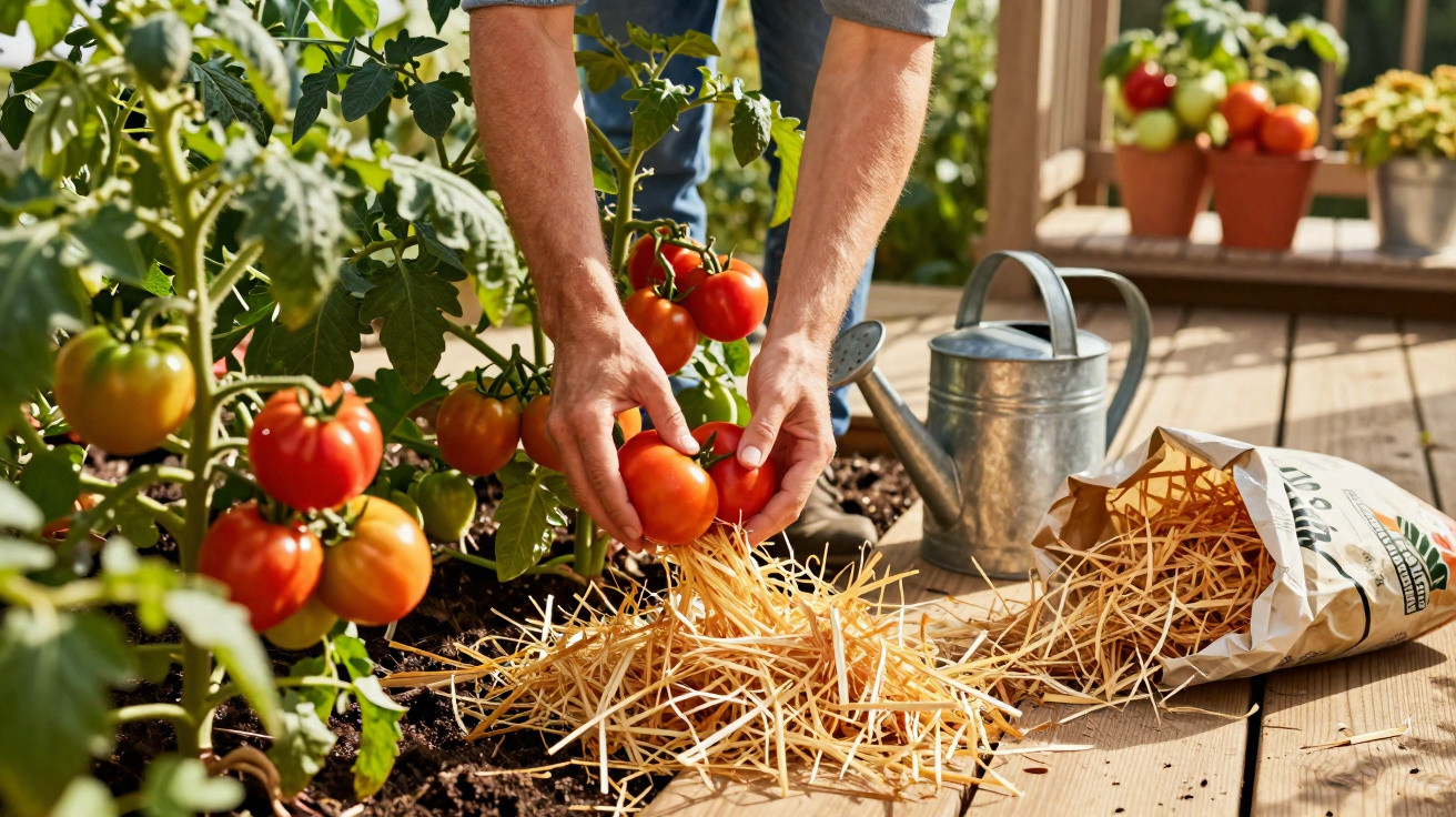 Pessoa a colher tomates maduros numa horta com regador e palha espalhada numa varanda de madeira.