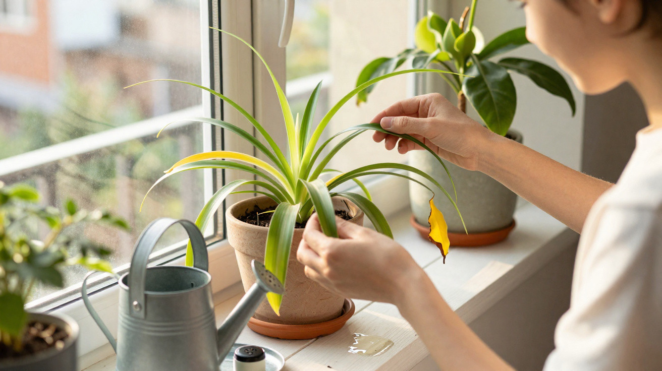 Pessoa a cuidar de planta num vaso na janela, removendo uma folha amarela, com regador ao lado.