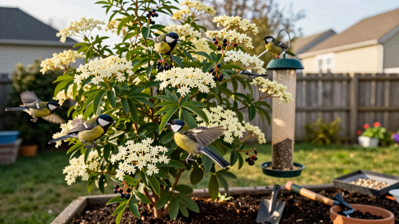 Pássaros alimentam-se das flores de um arbusto florido num jardim com utensílios de jardinagem e casa ao fundo.