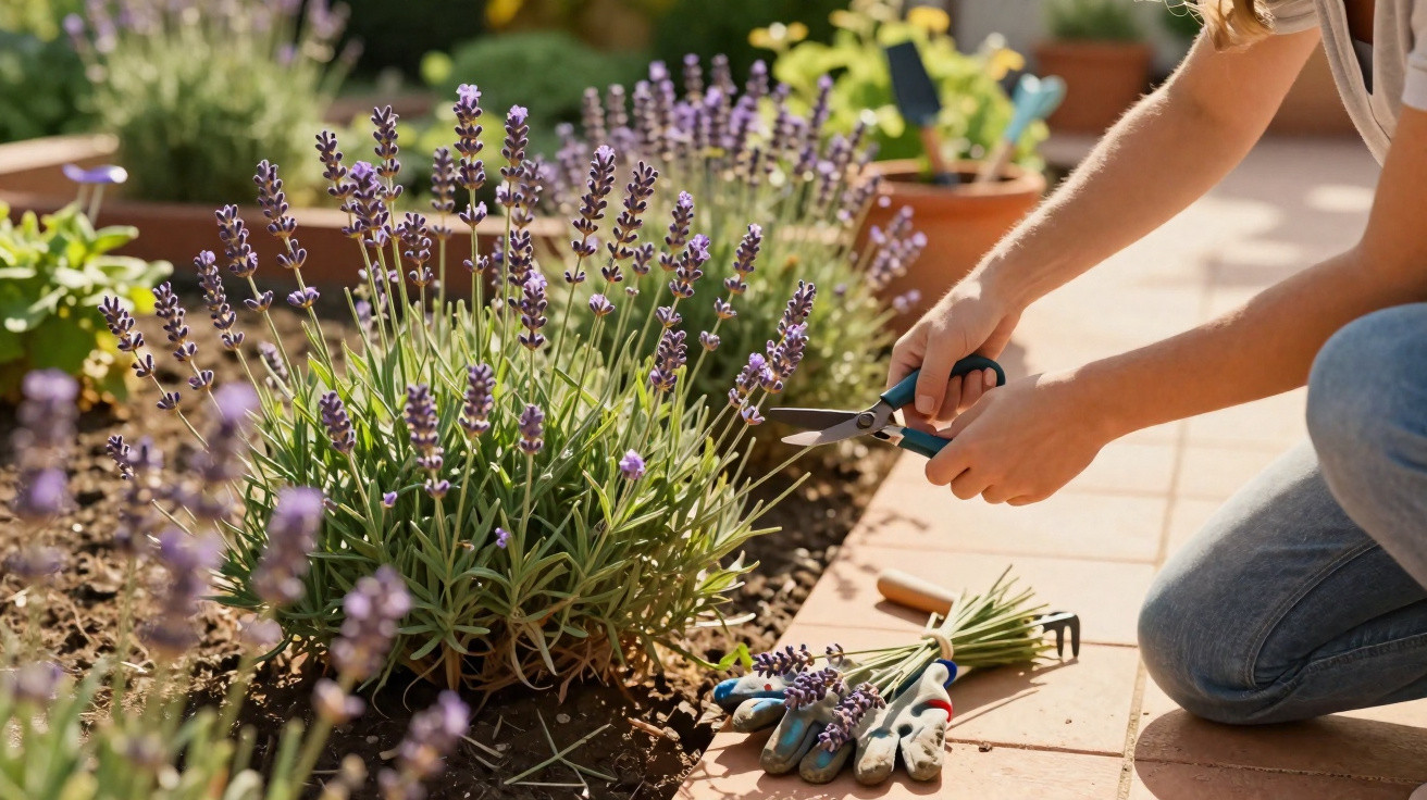Pessoa a cortar folhas de lavanda num canteiro de jardim com tesoura de poda.