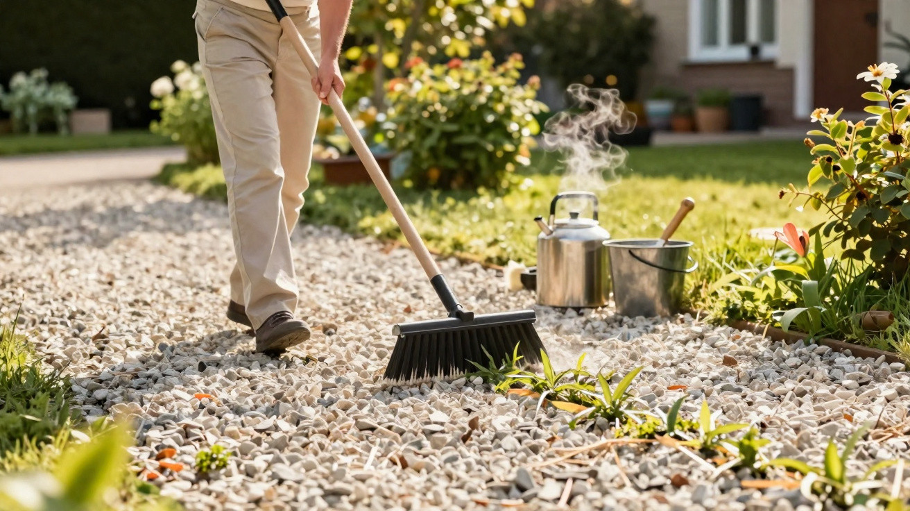 Pessoa a varrer um caminho de pedras com plantas e utensílios de jardinagem ao fundo num jardim ensolarado.