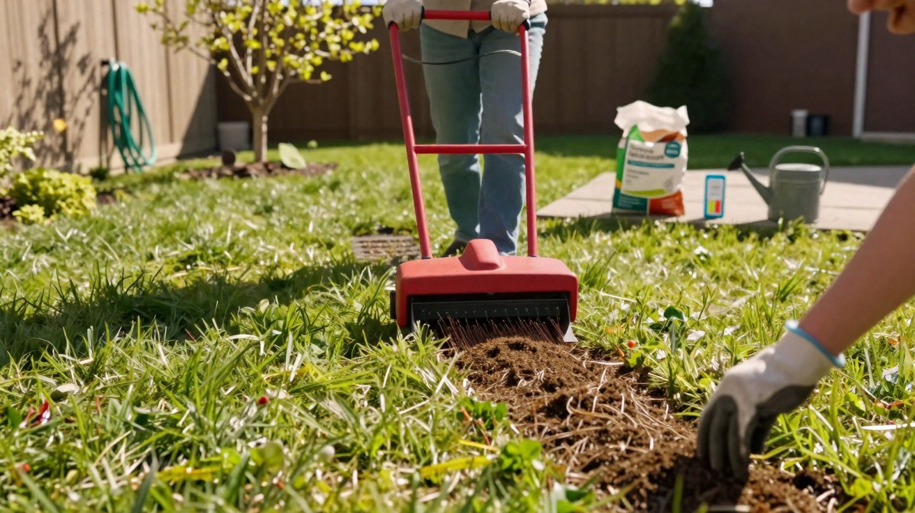 Pessoa a arejar o relvado com um equipamento de jardinagem vermelho, enquanto outra mexe o solo com luvas.