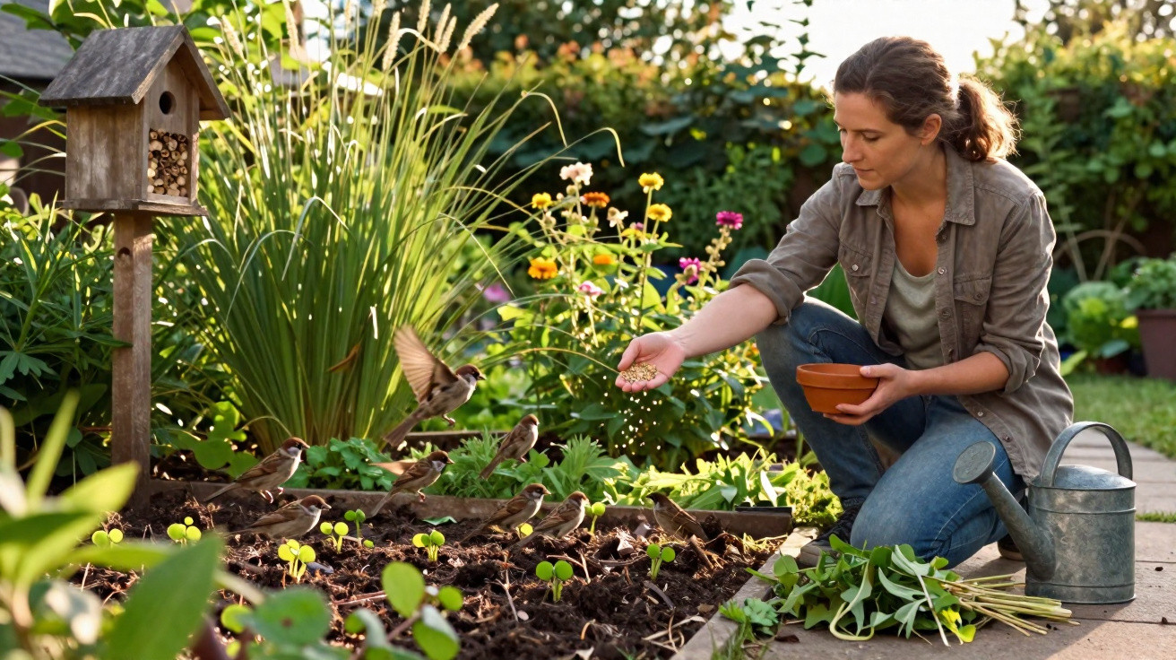 Mulher alimenta passarinhos num jardim com flores, regador e casa para aves ao fundo.