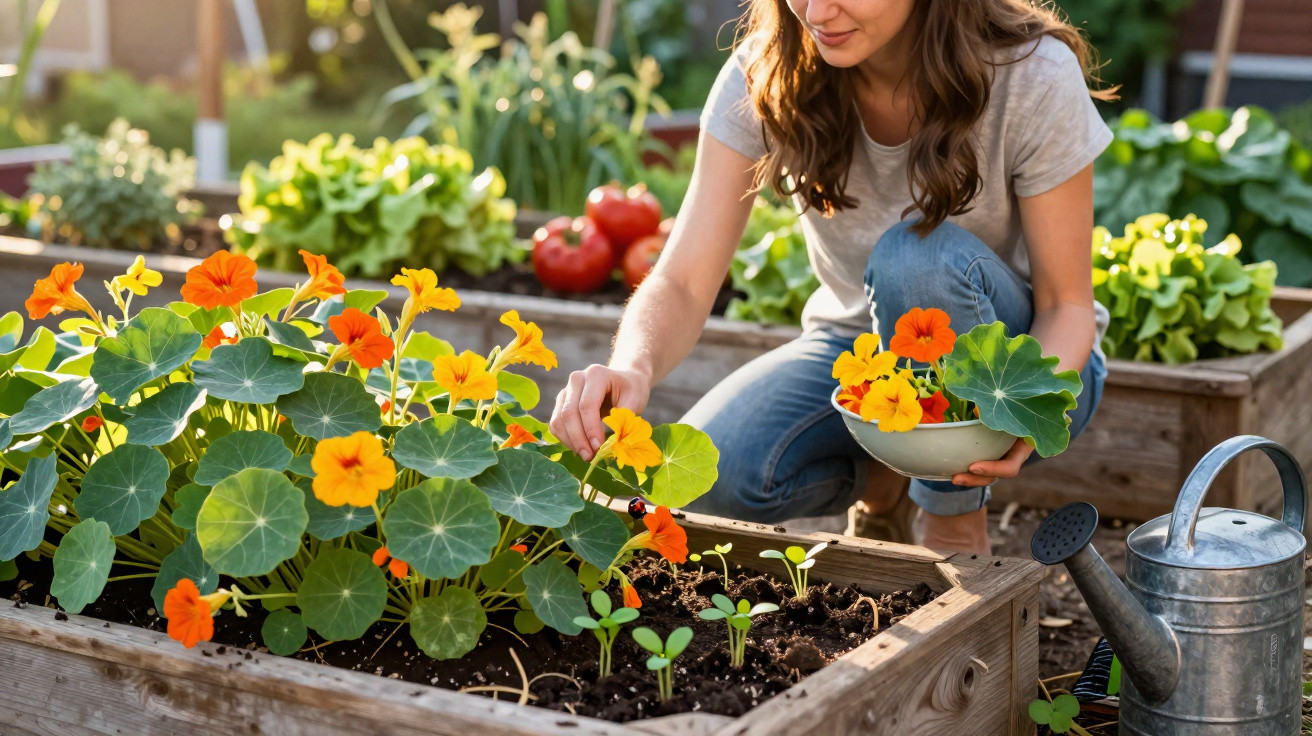 Mulher a colher flores laranja num canteiro de jardim enquanto segura uma tigela com flores.