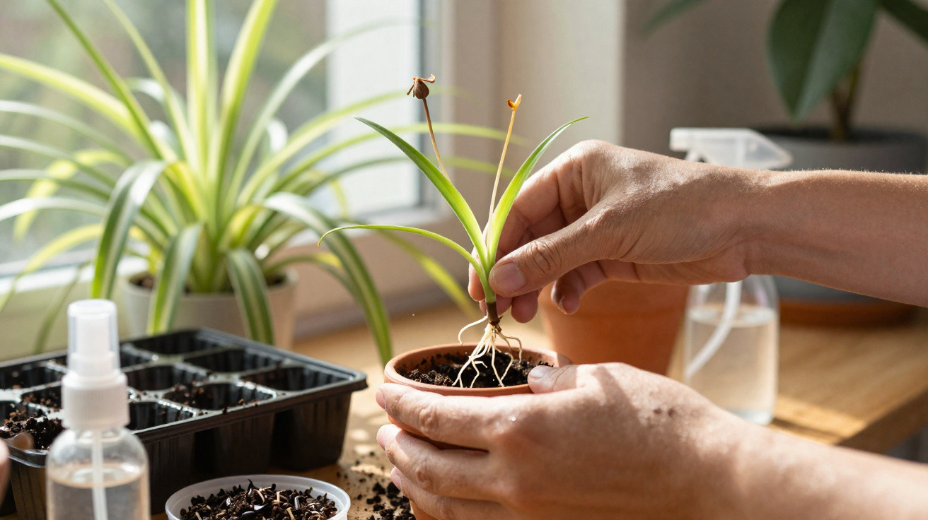 Mãos a transplantar planta jovem para vaso com terra, junto a outras plantas e ferramentas de jardinagem.