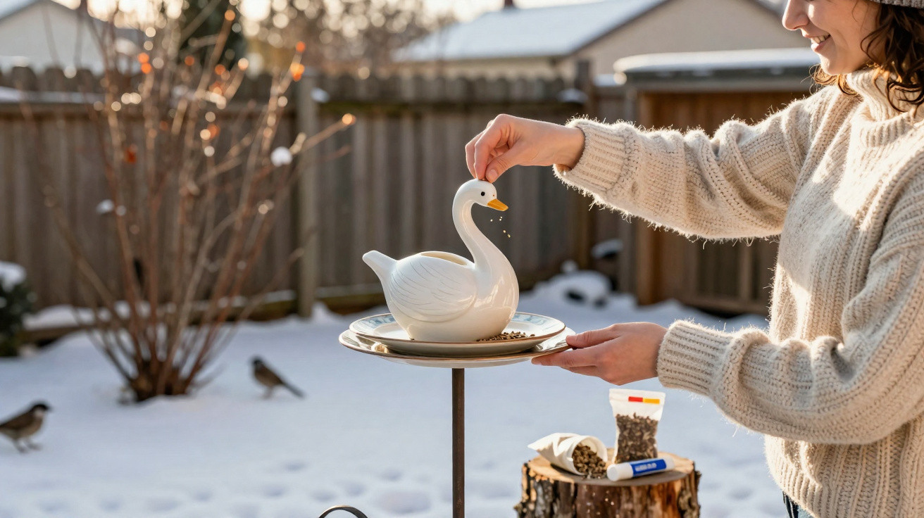 Mulher a alimentar pássaros com comedouro em forma de cisne no jardim coberto de neve.
