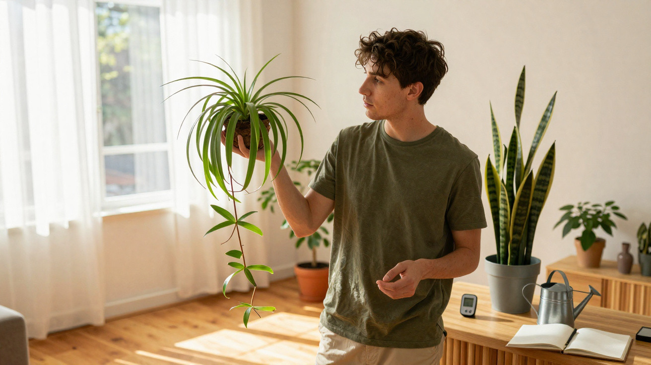 Homem jovem a cuidar de planta pendente numa sala com luz natural e várias plantas em vasos.