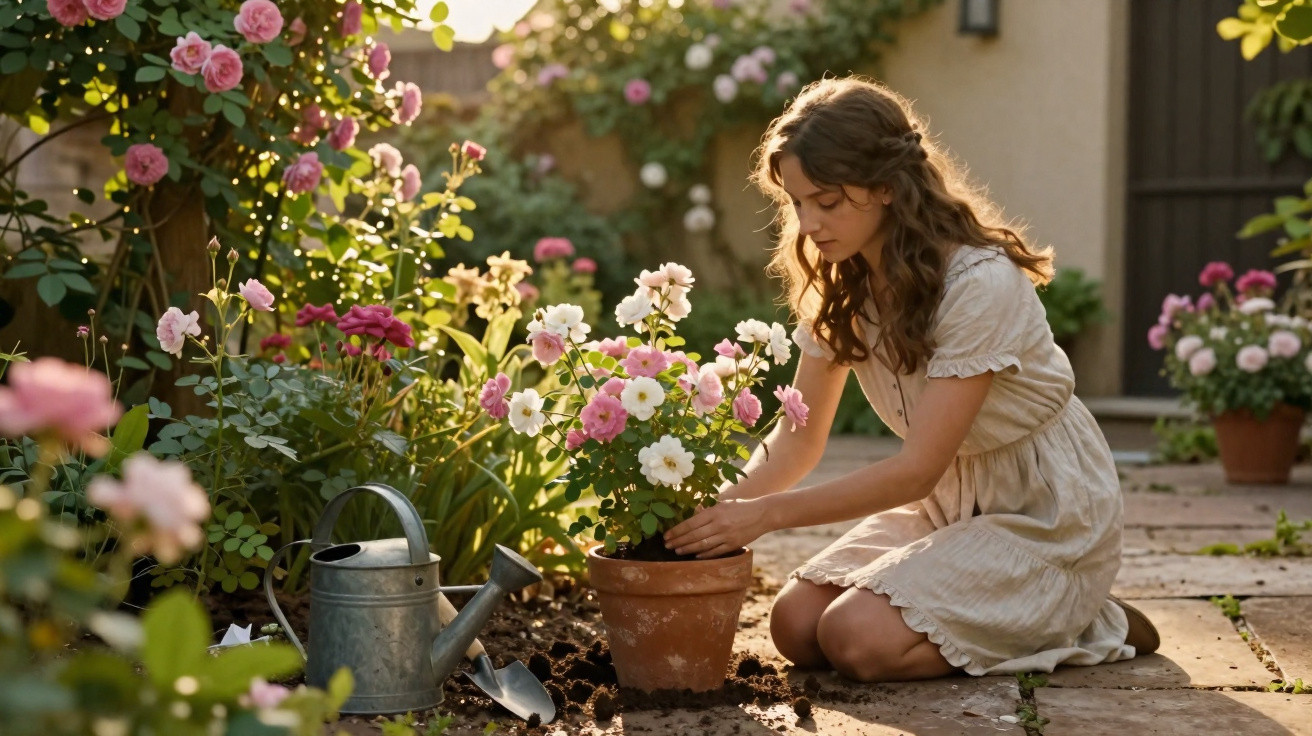 Jovem mulher a cuidar de flores num vaso no jardim, rodeada de plantas e luz natural suave.