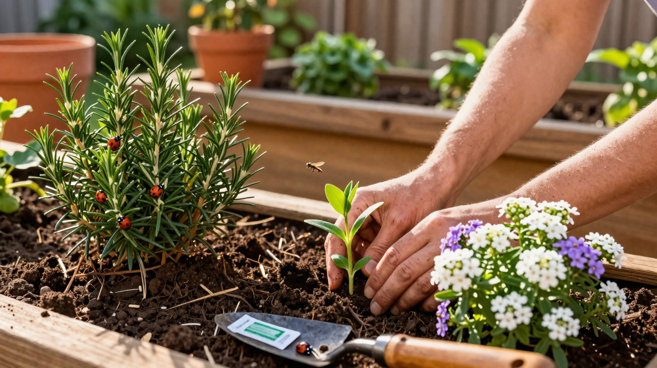 Mãos a plantar muda em canteiro com flores, plantas aromáticas, joaninhas e uma abelha a voar.