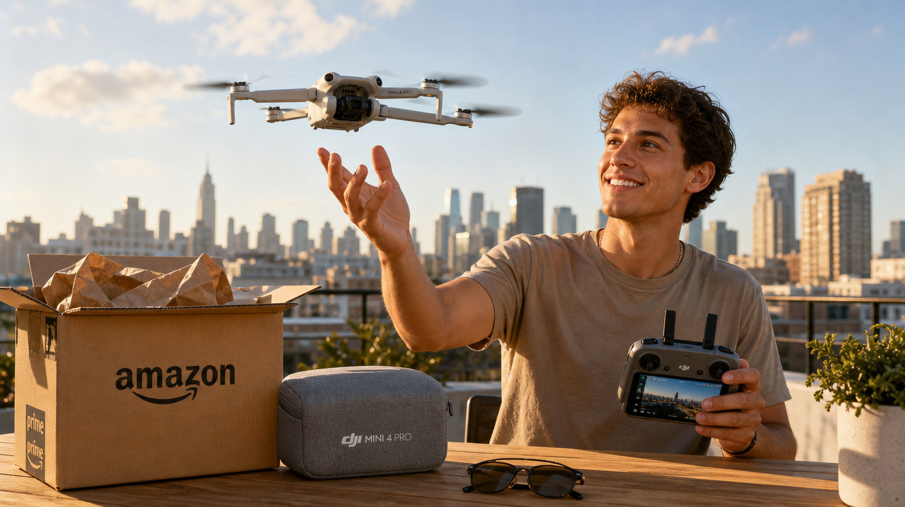 Homem a controlar drone DJI Mini 4 Pro sobre uma mesa com caixa Amazon numa varanda urbana ao pôr do sol.