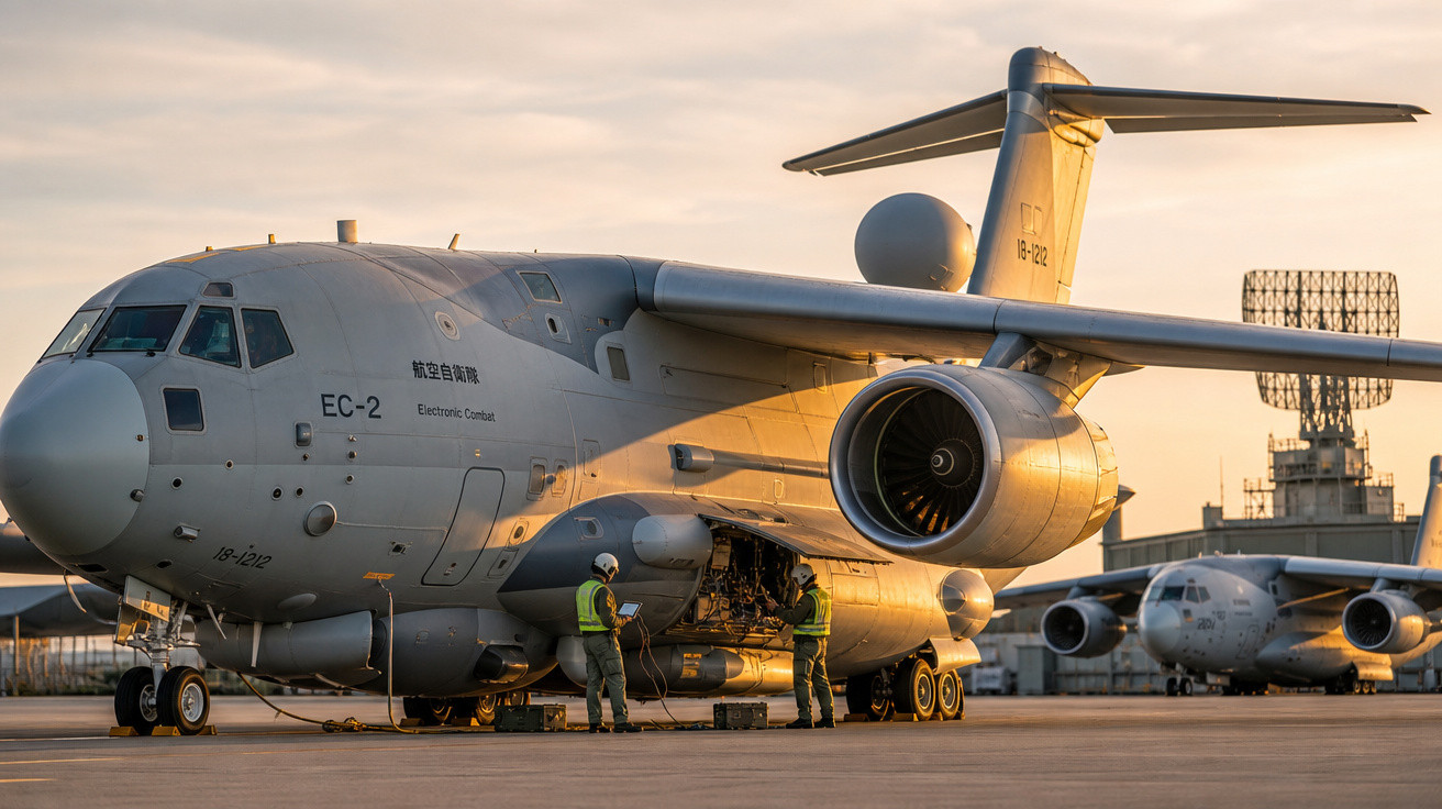 Avião militar estacionado no solo com técnicos a realizar manutenção ao entardecer.
