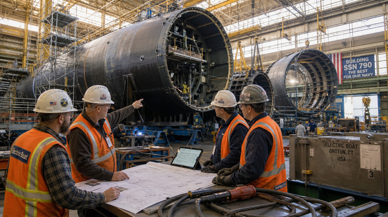 Quatro trabalhadores de construção naval com capacetes e coletes na fábrica a analisar planos junto a um submarino em montage