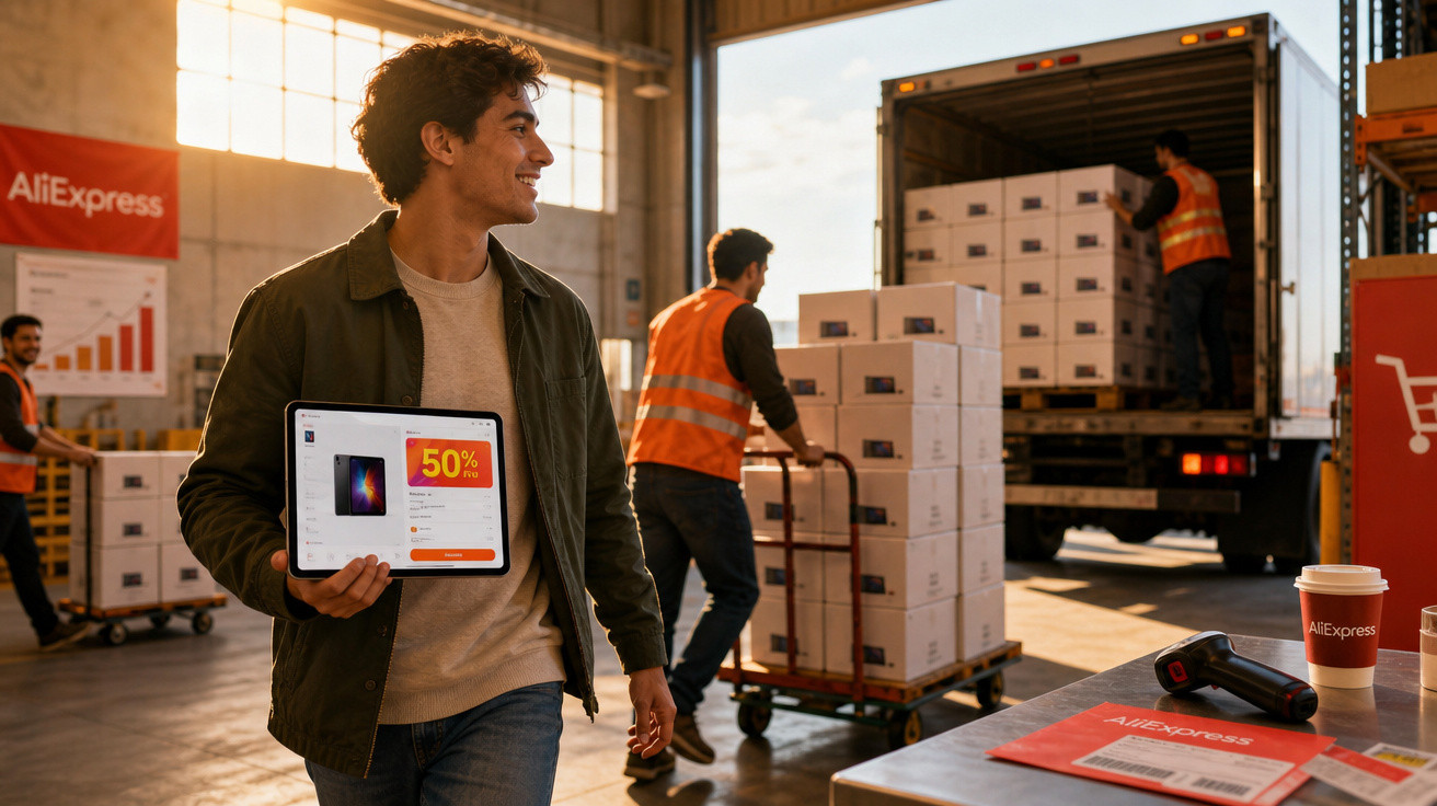 Jovem numa armazém mostra tablet com promoção, enquanto colegas carregam caixas para camião de transporte.
