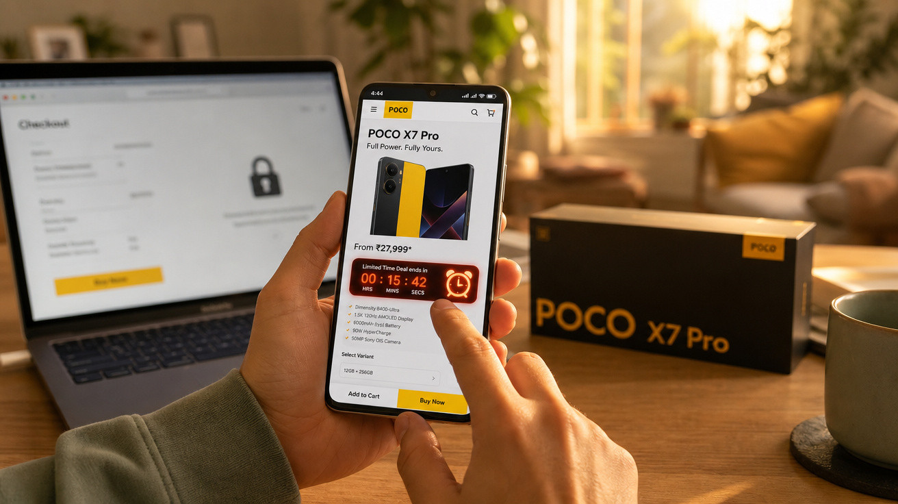 Pessoa a comprar telemóvel POCO X7 Pro online, com computador e caixa do telemóvel em fundo desfocado.